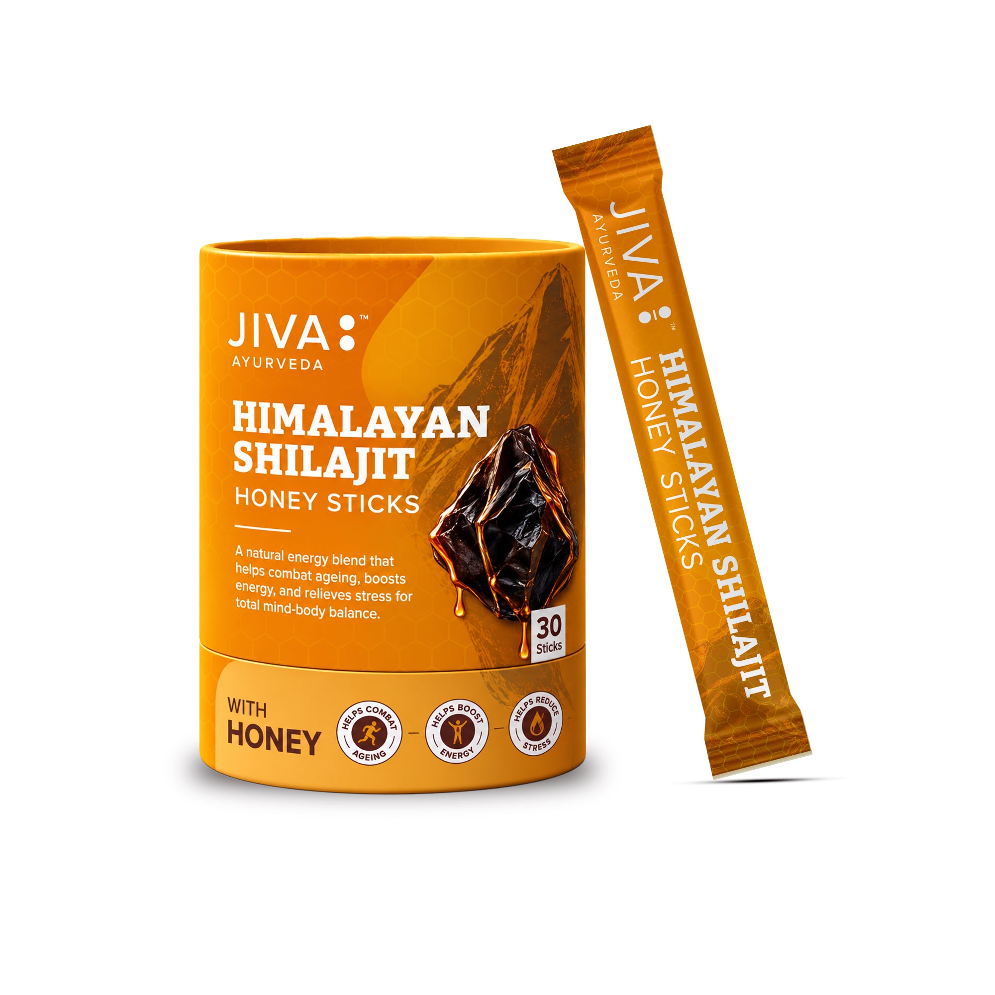 Jiva Shilajit Honey Sticks with Ashwagandha Extract | Multifloral Honey with 500 mg Shilajit & 250 mg Ashwagandha per Stick | 30 Sticks (7g Each)