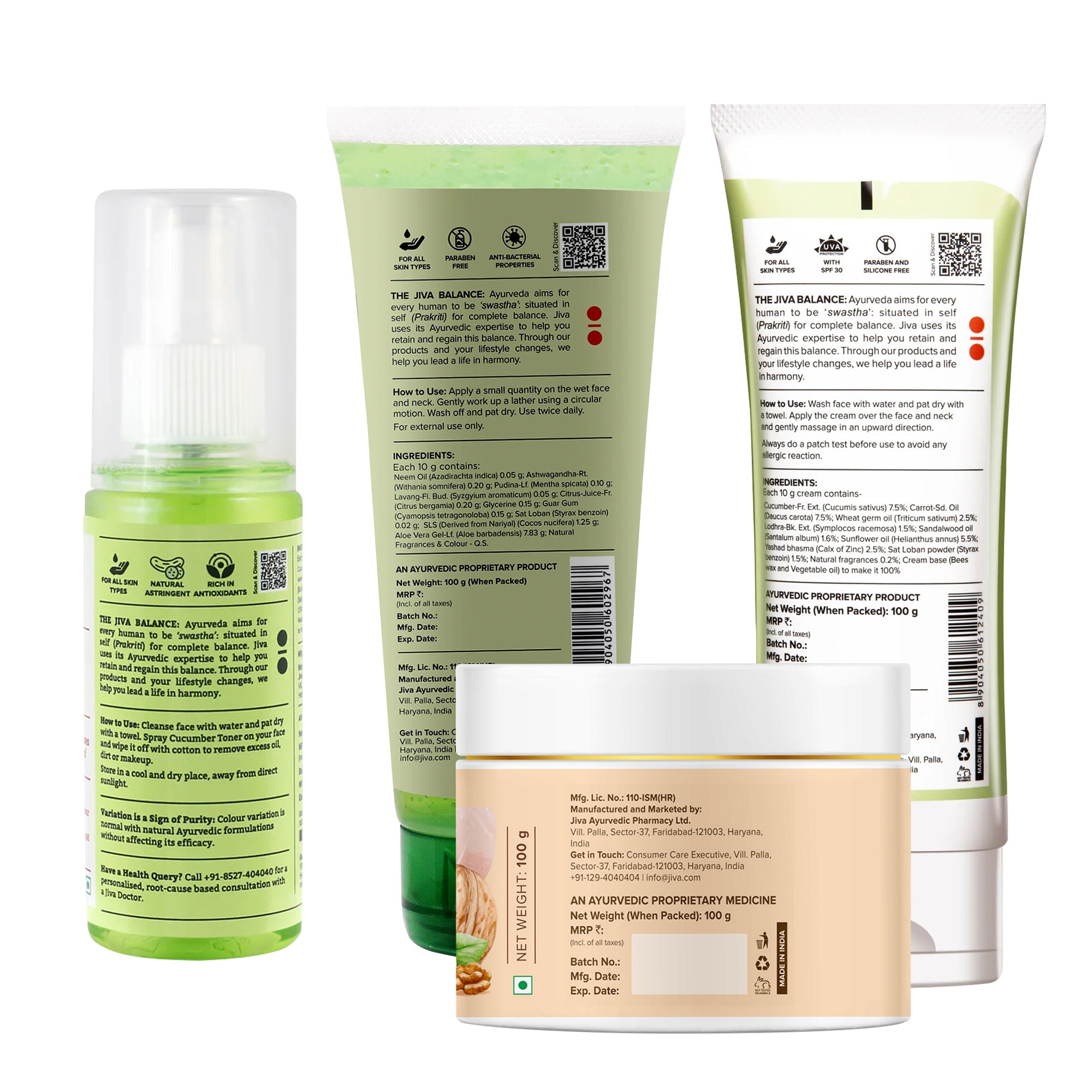 Jiva Ayurveda Glowing Skin Combo - Neem Face Wash 100g, Walnut Scrub 100g, Cucumber Toner 100ml & Cucumber Cream 100g For Clear, Radiant & Healthy Skin | Natural Ingredients | 4-Piece Set