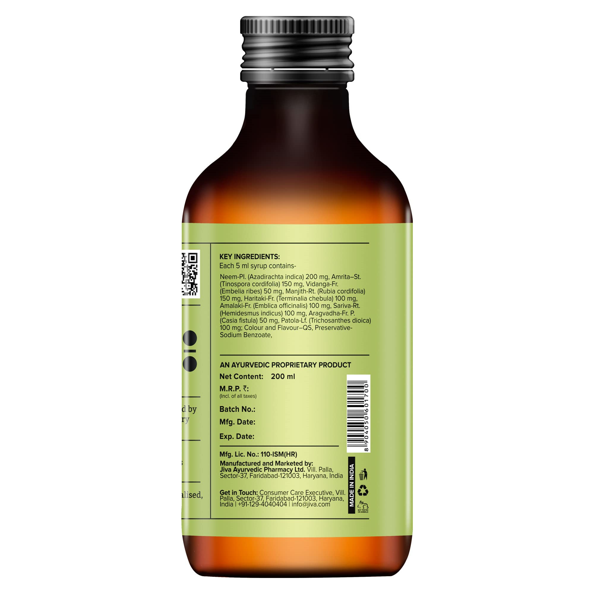 Jiva Neem Syrup | 100% Ayurvedic Formula | Purifies Blood & Improves Circulation - 200ml