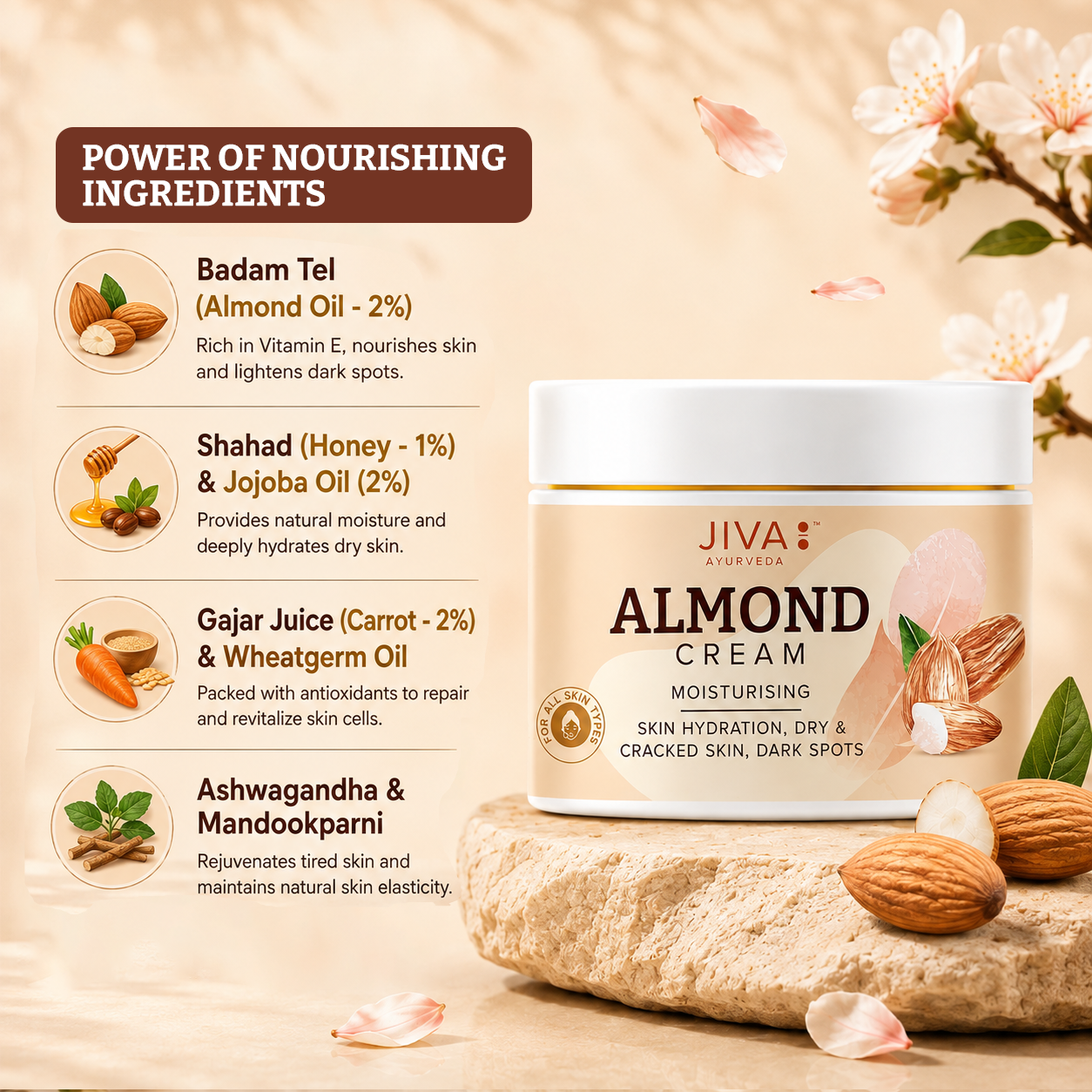 Almond Cream 100gm | Treats Dry Skin, Wrinkles & Pigmentation