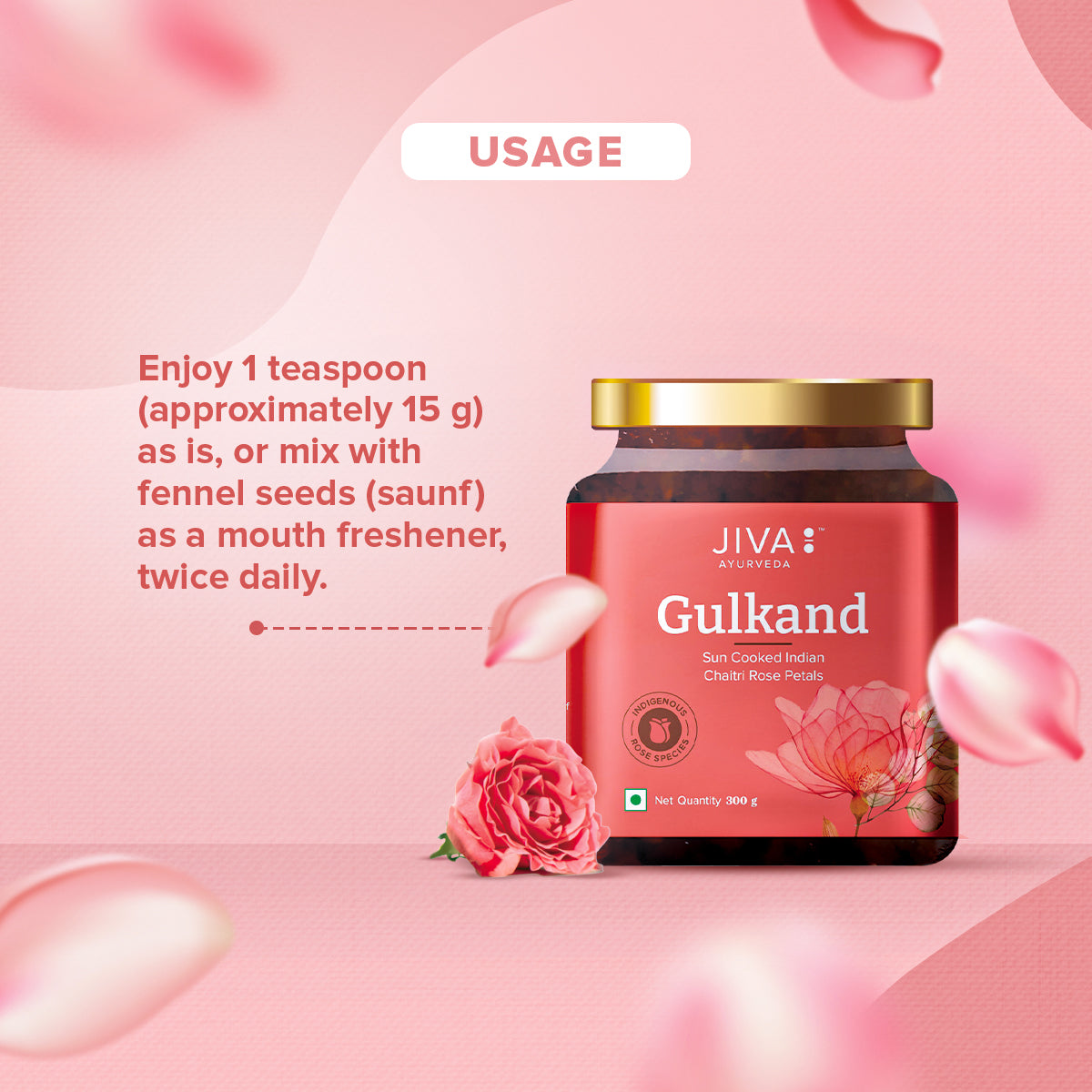 Jiva Ayurveda Gulkand – Sun-Cooked Indian Chaitri Rose Petal Preserve | Natural Ayurvedic Coolant & Digestive 300g (Pack of 1)