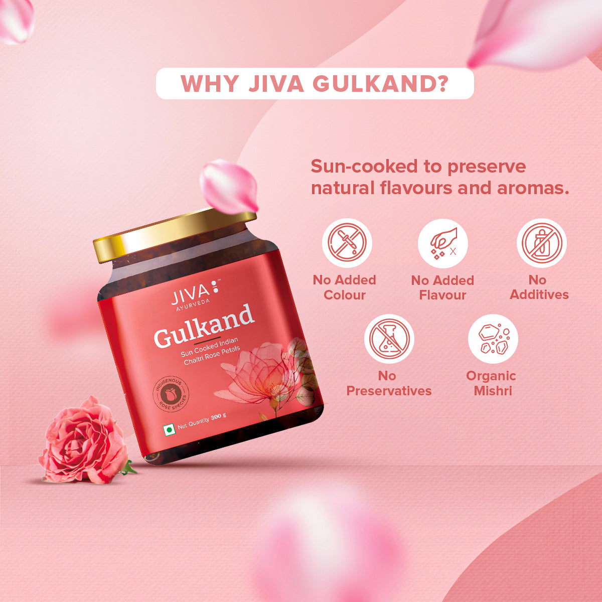 Jiva Ayurveda Gulkand – Sun-Cooked Indian Chaitri Rose Petal Preserve | Natural Ayurvedic Coolant & Digestive 300g (Pack of 1)
