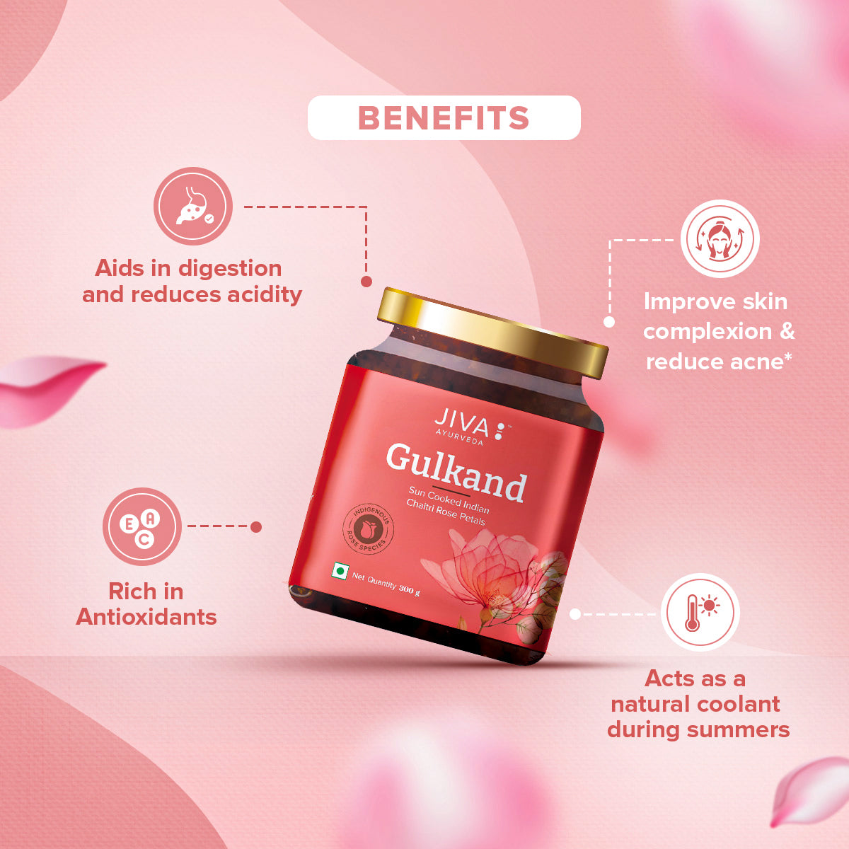 Jiva Ayurveda Gulkand – Sun-Cooked Indian Chaitri Rose Petal Preserve | Natural Ayurvedic Coolant & Digestive 300g (Pack of 1)