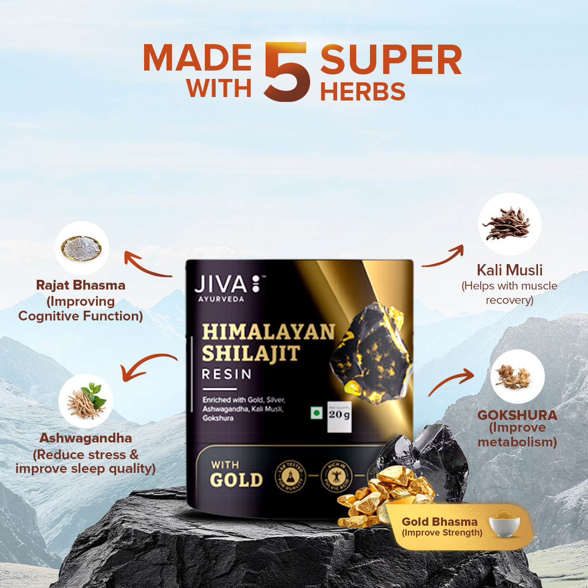Shilajit Resin Gold | 500mg/Serving | Boosts Stamina, Strength & Muscle Growth | 100% Ayurvedic -20g (Pack of 1)