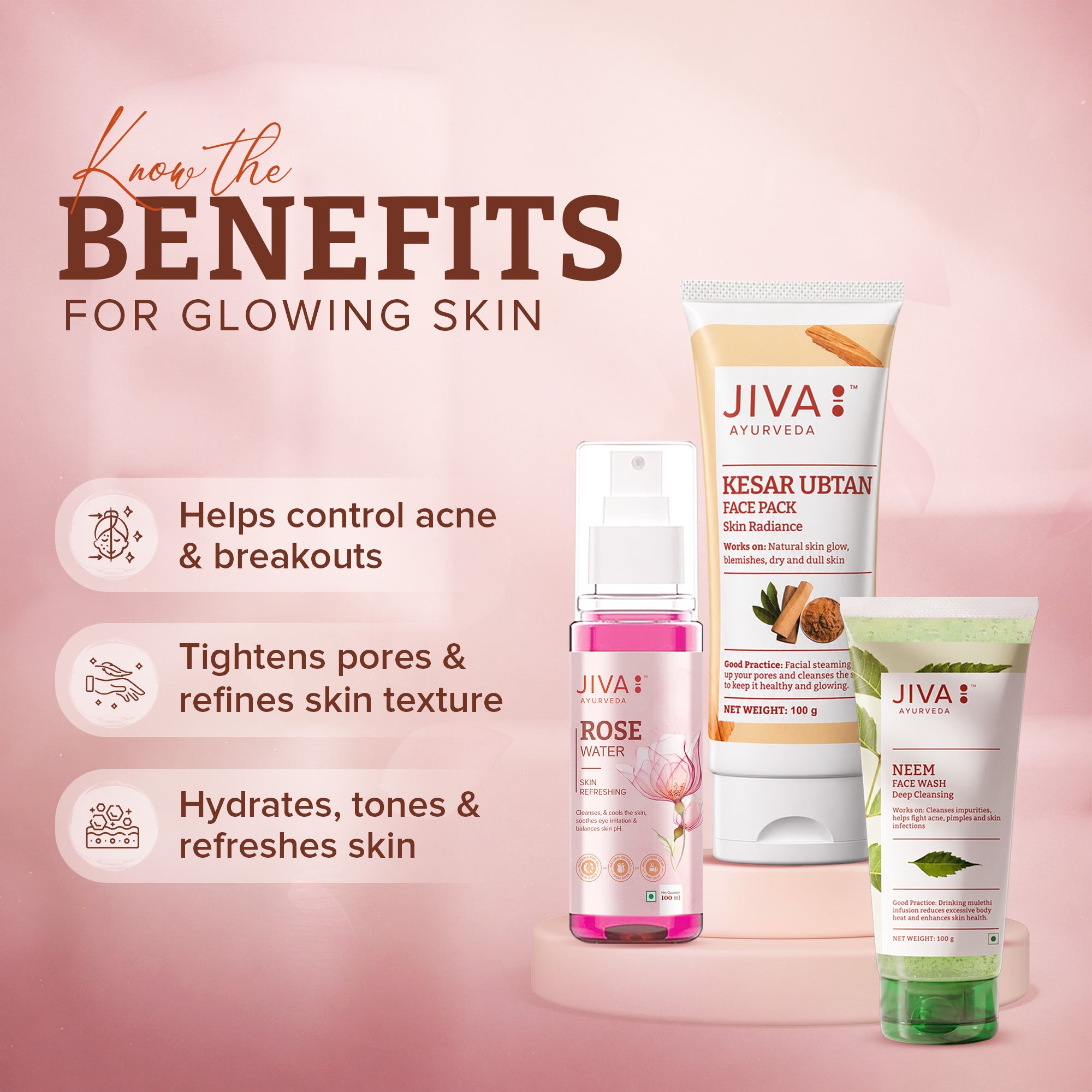 Skin Care Combo | Rose water 100ml | Kesar Ubtan 100g | Neem Face Wash 100g | •	Hydrates, tones & refreshes skin