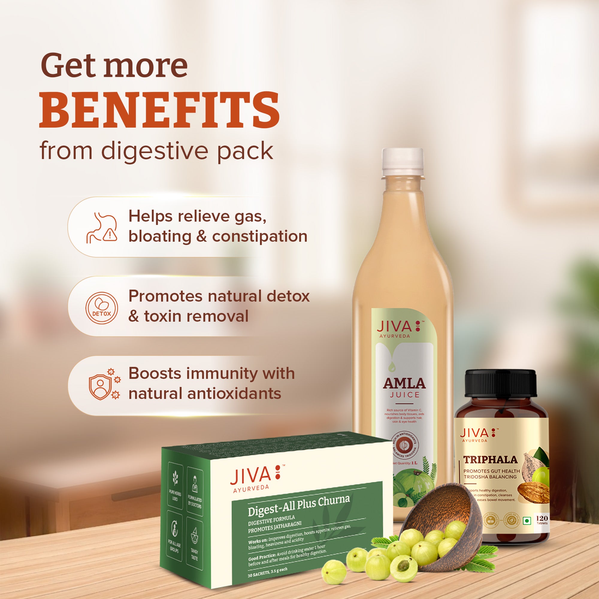 Jiva Ayurveda Digestive Care Combo | Digest-All Churana 30 Sachet | Amla Juice 1L | Triphala 120 Tablet | Complete Ayurvedic Gut Care for Digestion, Detox & Immunity