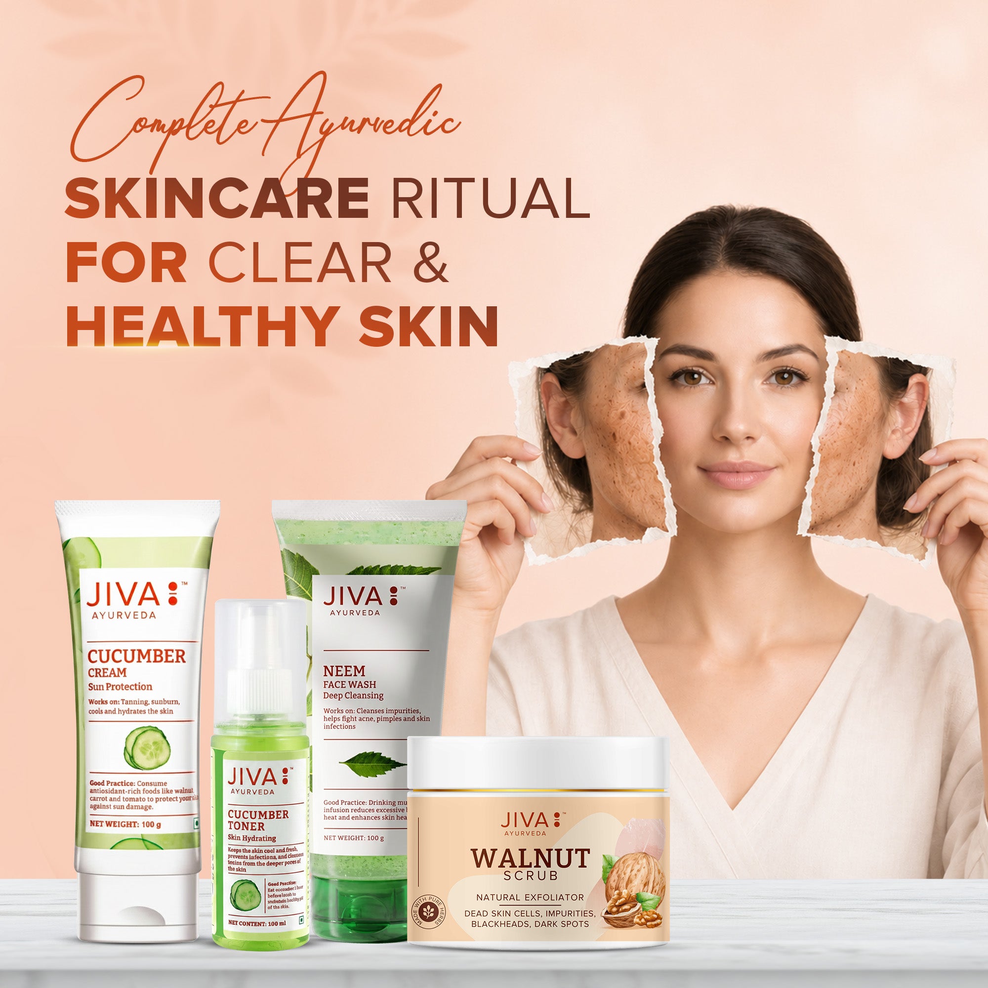 Jiva Ayurveda Glowing Skin Combo - Neem Face Wash 100g, Walnut Scrub 100g, Cucumber Toner 100ml & Cucumber Cream 100g For Clear, Radiant & Healthy Skin | Natural Ingredients | 4-Piece Set