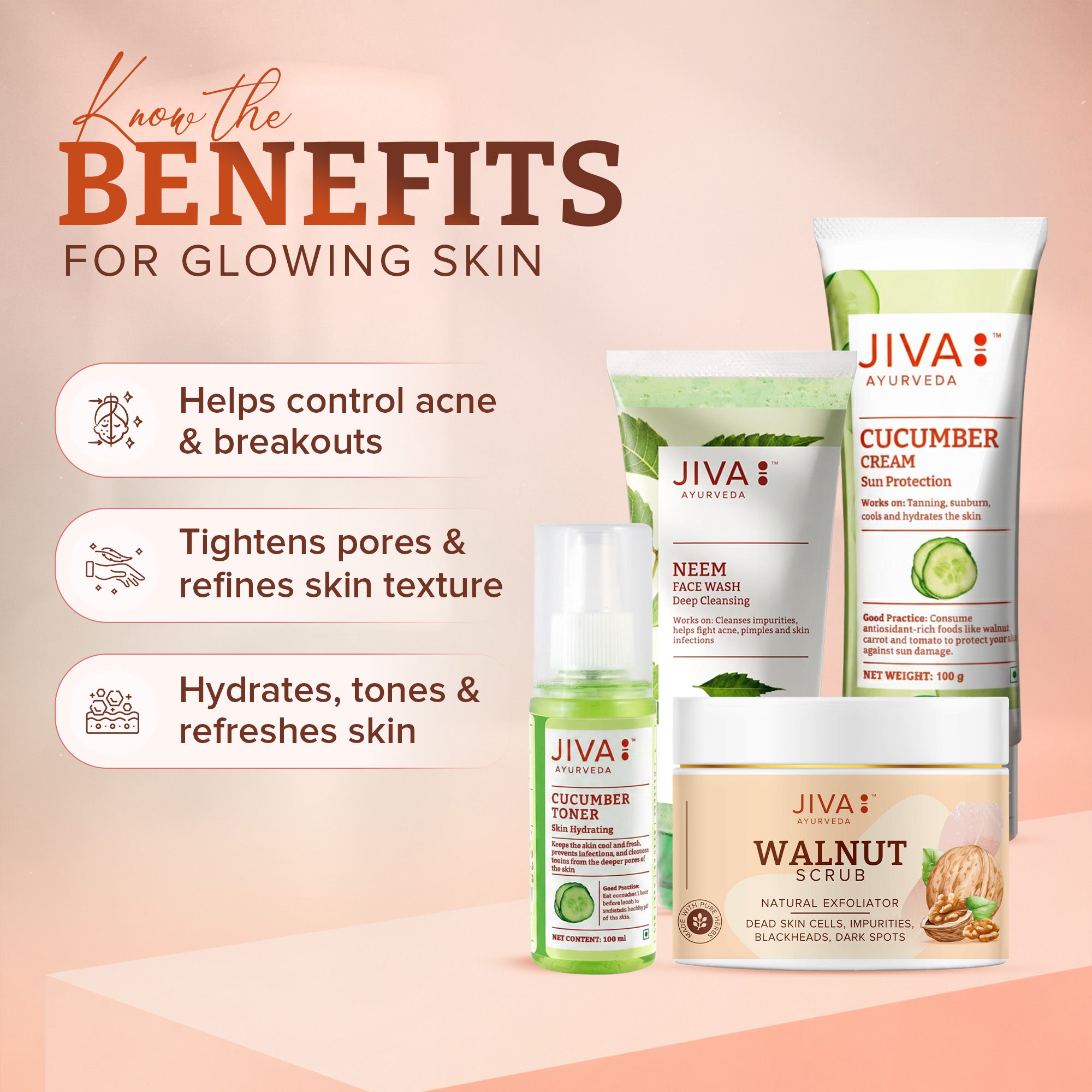 Jiva Ayurveda Glowing Skin Combo - Neem Face Wash 100g, Walnut Scrub 100g, Cucumber Toner 100ml & Cucumber Cream 100g For Clear, Radiant & Healthy Skin | Natural Ingredients | 4-Piece Set