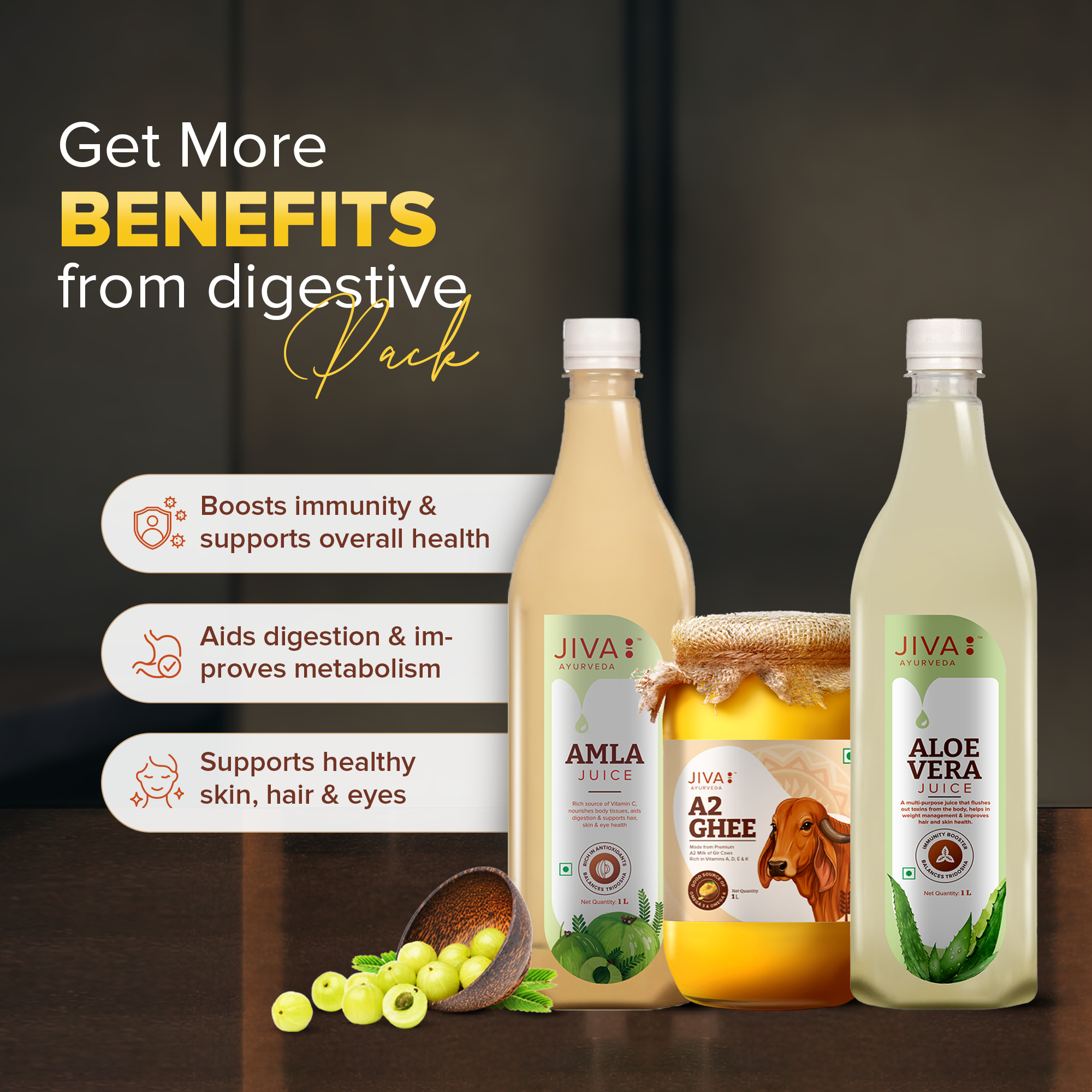 Jiva Ayurveda digestive combo | A2 Ghee 1KG | Aloe Vera Juice 1L | Amla Juice 1l Made to support daily digestion, gut balance, immunity, and overall wellness naturally