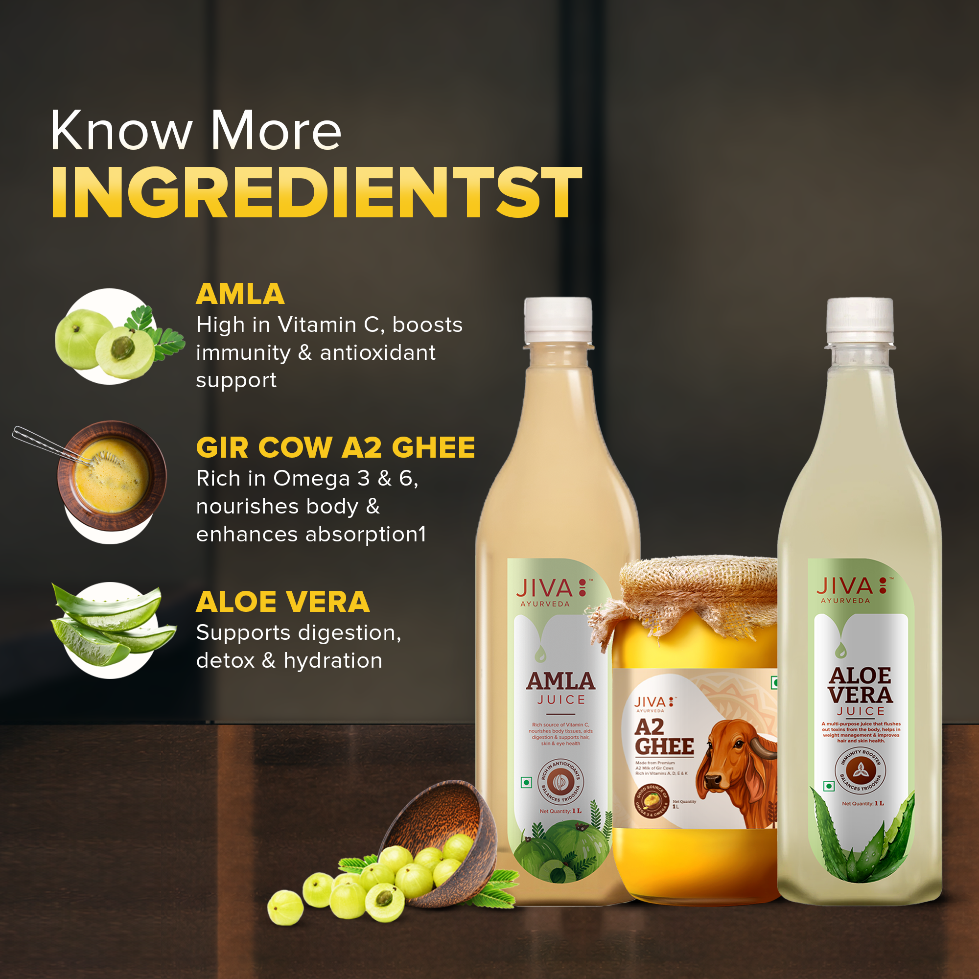 Jiva Ayurveda digestive combo | A2 Ghee 1KG | Aloe Vera Juice 1L | Amla Juice 1l Made to support daily digestion, gut balance, immunity, and overall wellness naturally