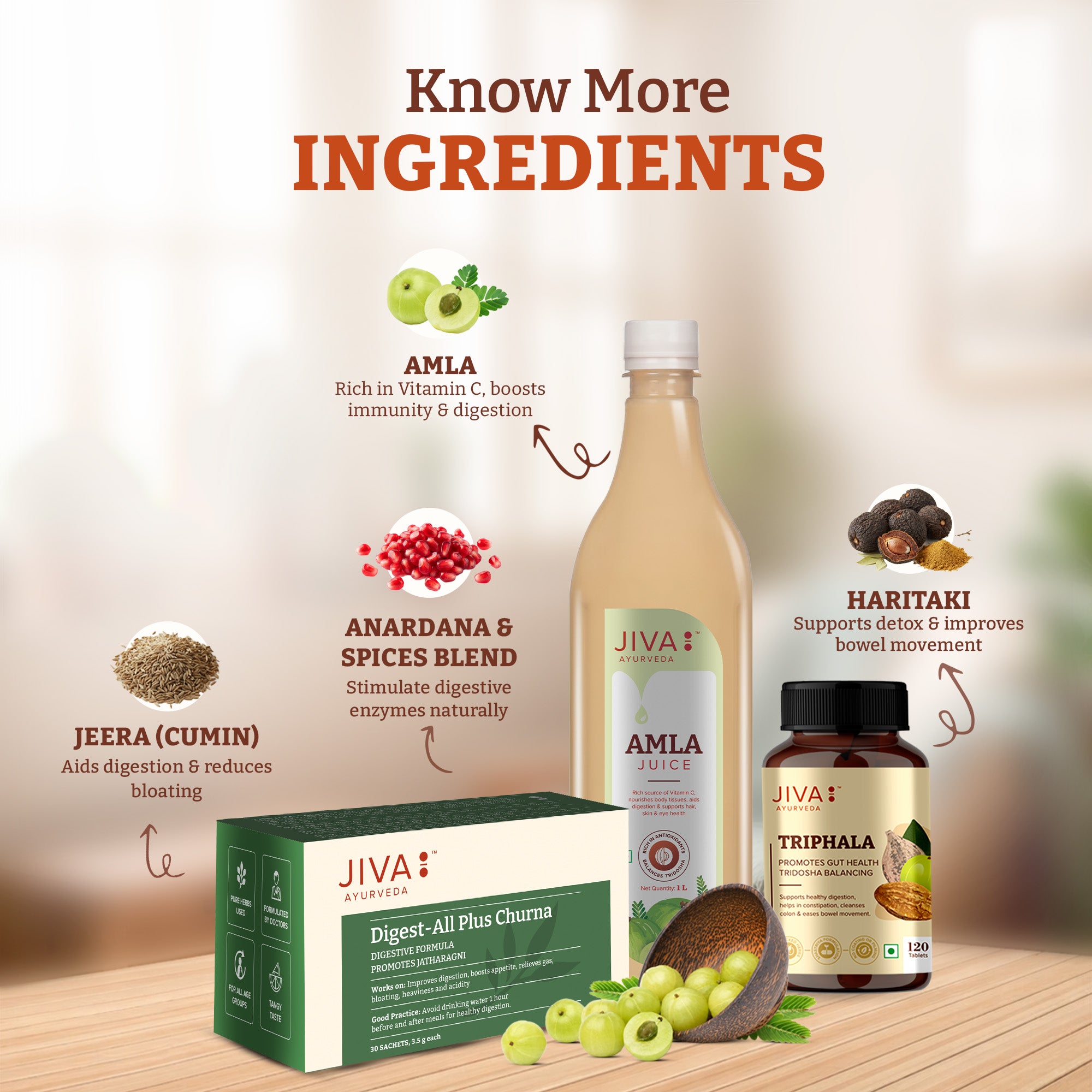 Jiva Ayurveda Digestive Care Combo | Digest-All Churana 30 Sachet | Amla Juice 1L | Triphala 120 Tablet | Complete Ayurvedic Gut Care for Digestion, Detox & Immunity