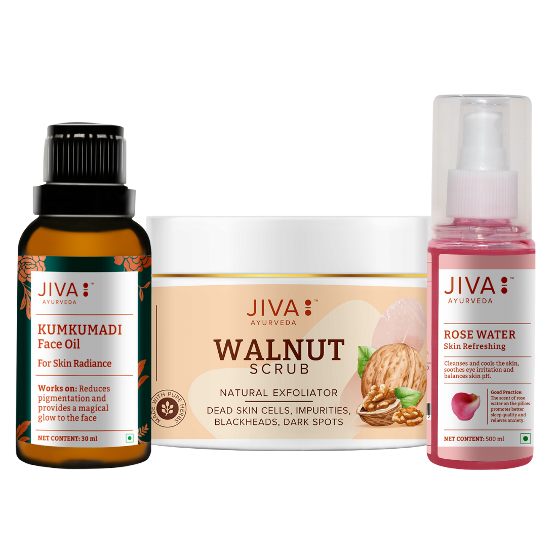 Radiant Glow Trio: Kumkumadi Oil, Walnut Scrub & Rose Water Combo