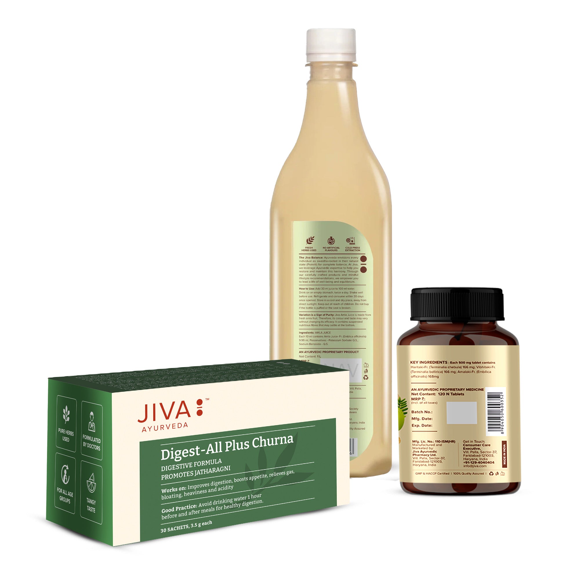 Jiva Ayurveda Digestive Care Combo | Digest-All Churana 30 Sachet | Amla Juice 1L | Triphala 120 Tablet | Complete Ayurvedic Gut Care for Digestion, Detox & Immunity
