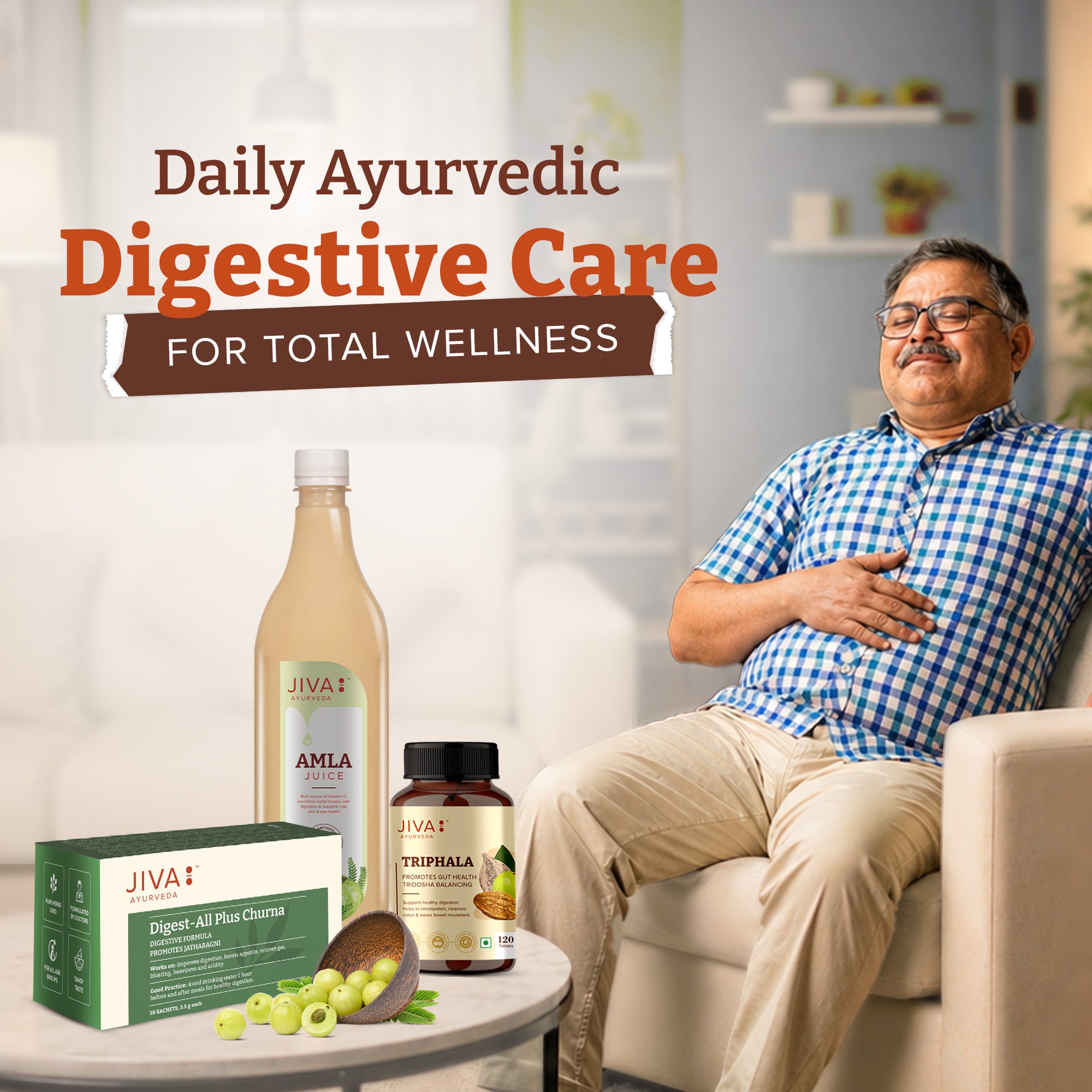 Jiva Ayurveda Digestive Care Combo | Digest-All Churana 30 Sachet | Amla Juice 1L | Triphala 120 Tablet | Complete Ayurvedic Gut Care for Digestion, Detox & Immunity