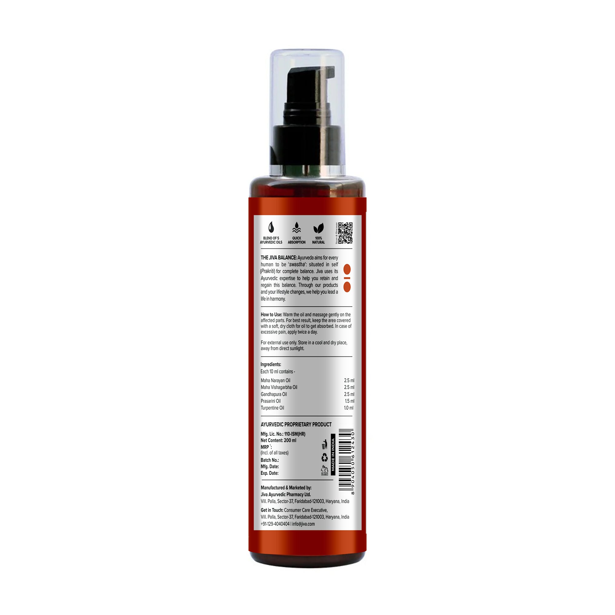 Jiva Ayurveda Pain Calm Oil 200 ml (Pack of 2) with Free Knee Cap | Ayurvedic Pain Relief Oil for Joint, Knee, Back & Muscle Pain | Fast Absorption Herbal Massage Oil
