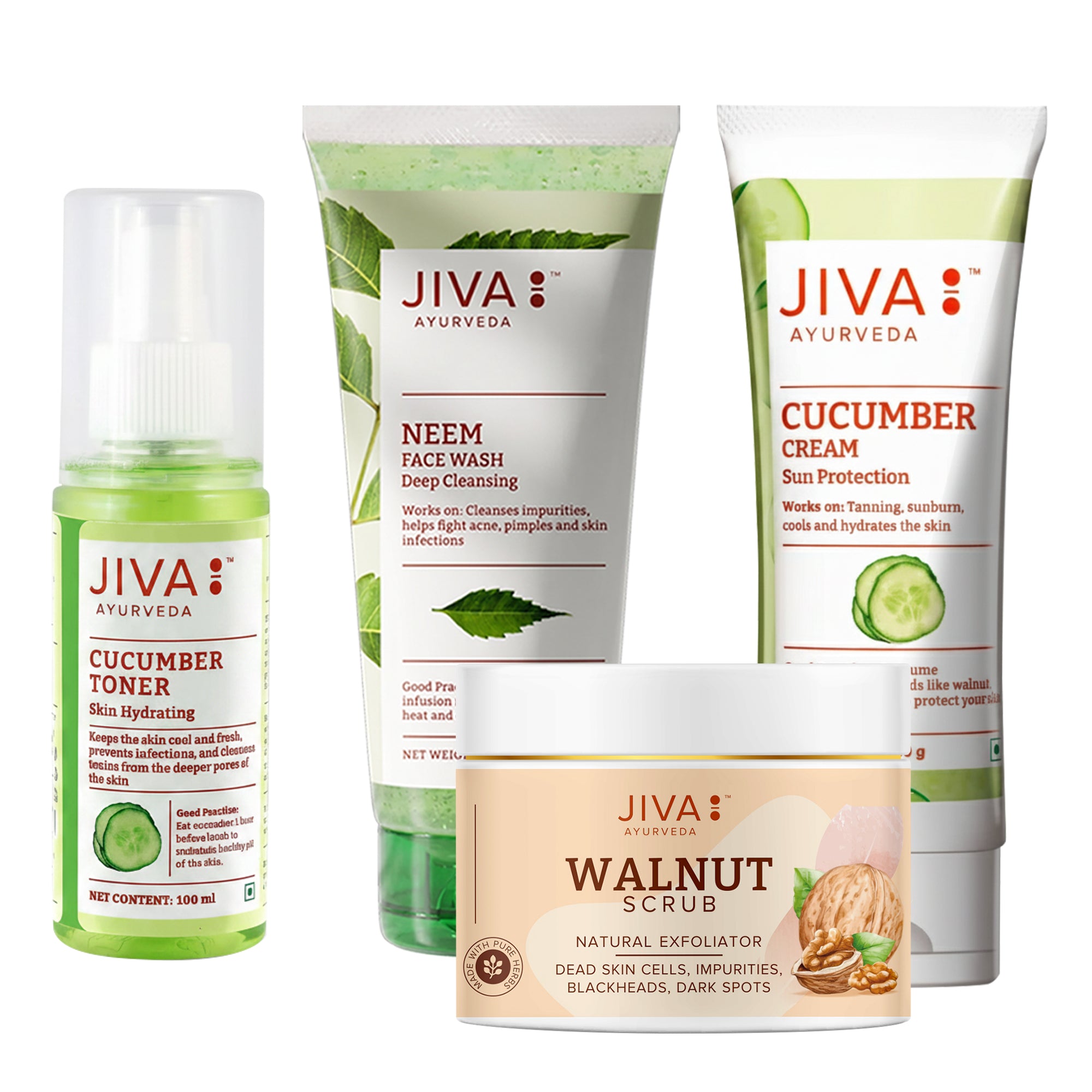 Jiva Ayurveda Glowing Skin Combo - Neem Face Wash 100g, Walnut Scrub 100g, Cucumber Toner 100ml & Cucumber Cream 100g For Clear, Radiant & Healthy Skin | Natural Ingredients | 4-Piece Set